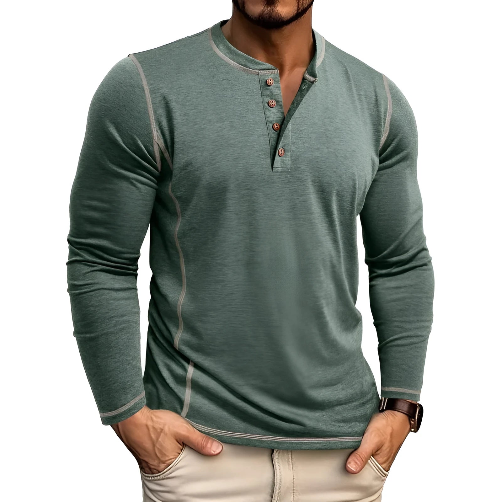 Men's cotton blend Henley shirt with four-button top, slim fit, available in blue, sizes S to 3XL