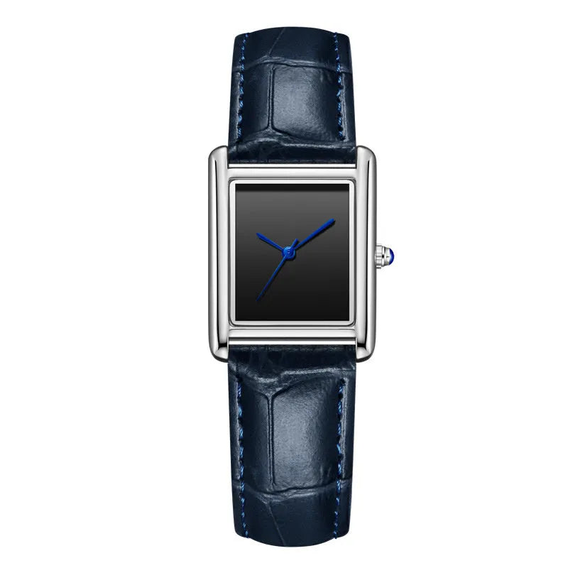 Couple leather watch with square dial, 7mm thickness, waterproof, in gold and black colour option on a white background