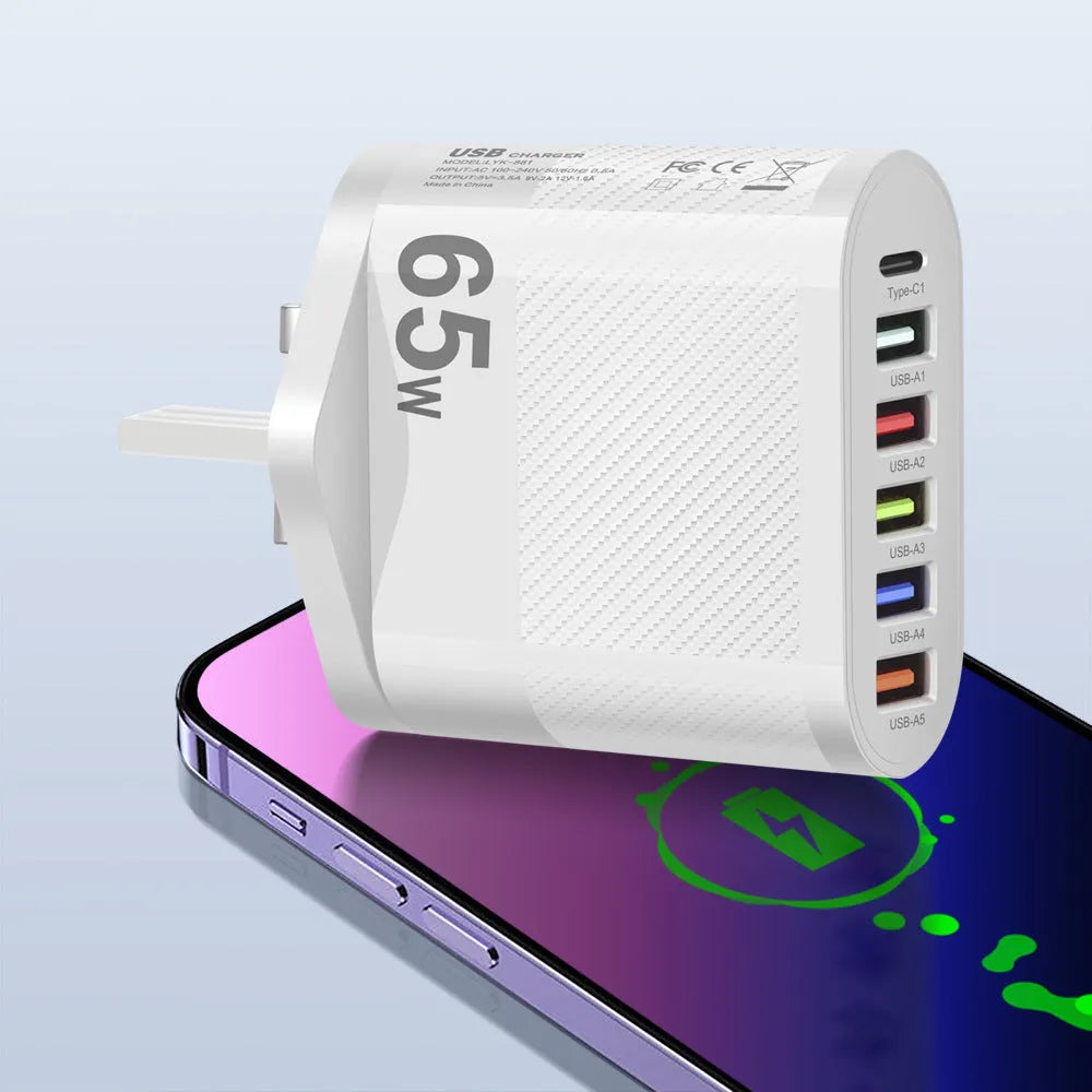 White USB charging plug showing EU, UK and US electrical outlet configurations