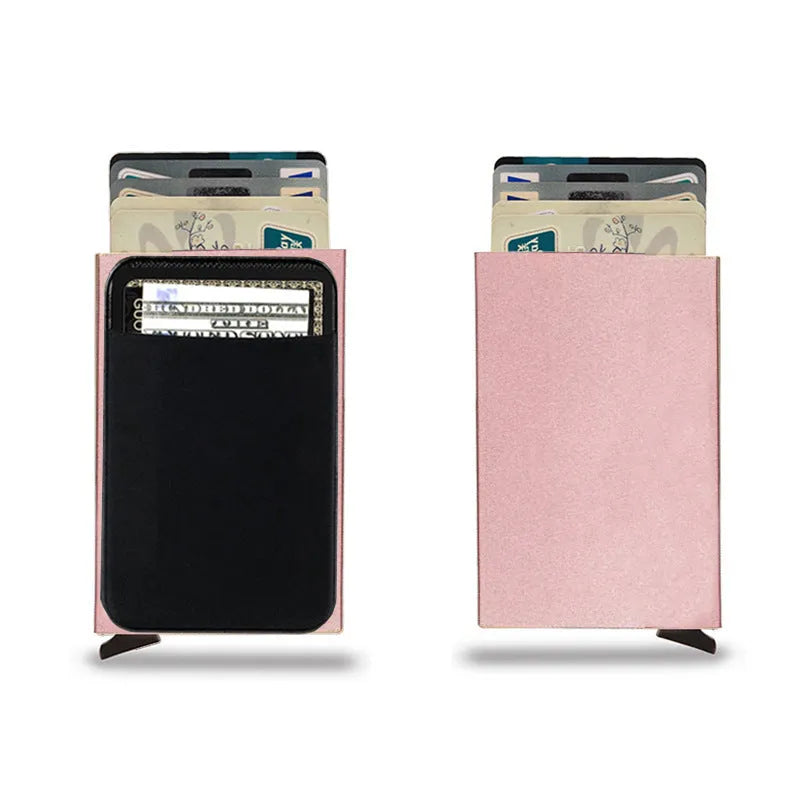 Frosted aluminium metal credit card holder in multiple solid colours showing slim profile
