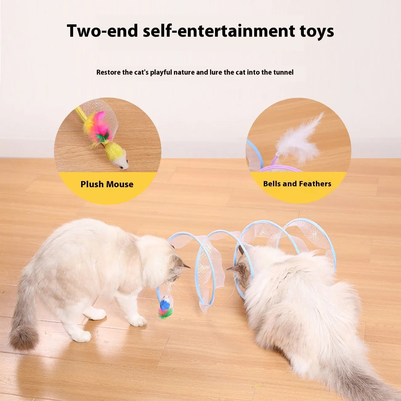 S-type collapsible cat tunnel toy with feather attachments on a steel wire and elastic net frame.
