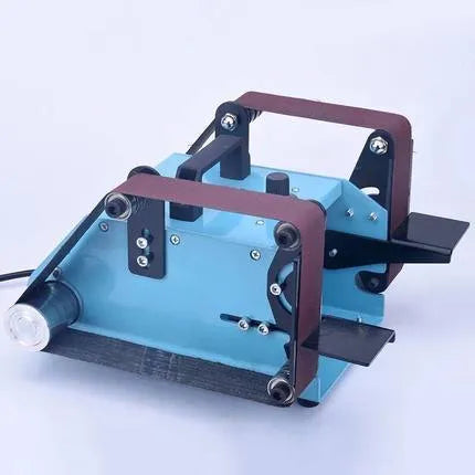 Blue desktop dual-axis belt sander with variable speed control for workshop sharpening and polishing