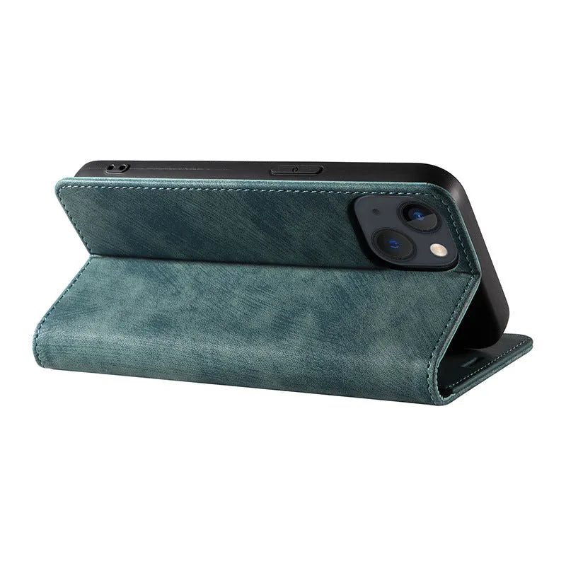 Magnetic flip phone case in solid grey leather and TPU material compatible with various iPhone models