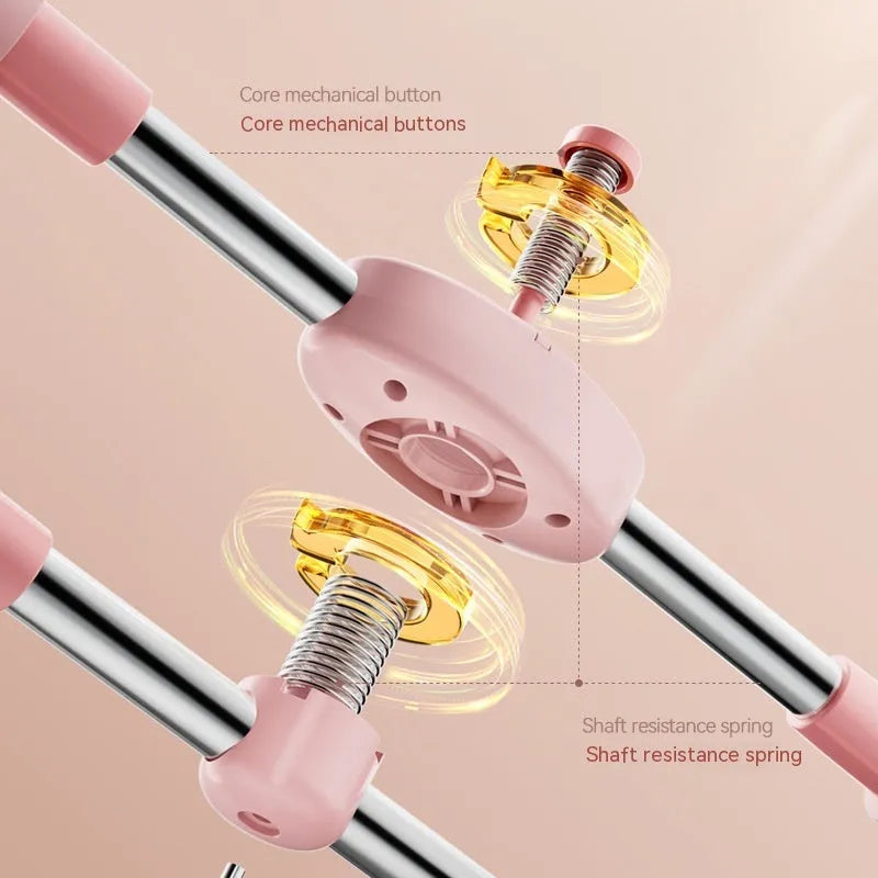 Children's adjustable open back stick in pink colour showing length adjustment mechanism