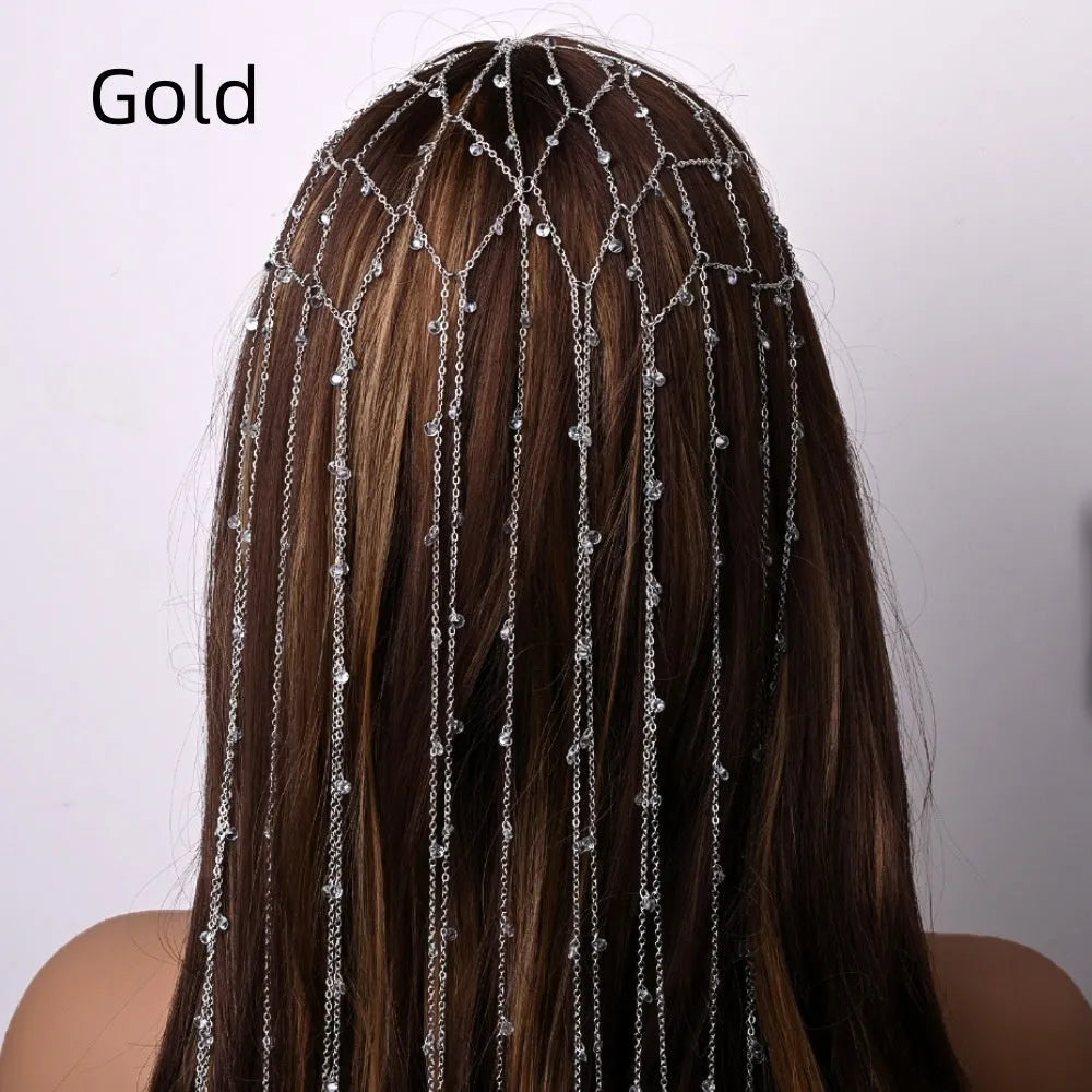 Gold and silver mesh hair bands with rhinestone bead trim and a tassel decorative element.