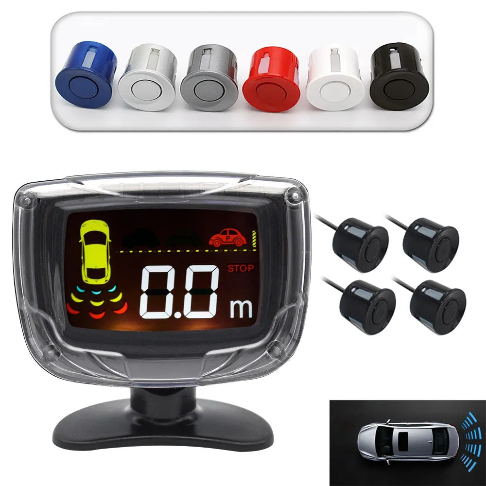 Wireless car reversing sensor kit with main unit, four probes, LED display, and installation tools.