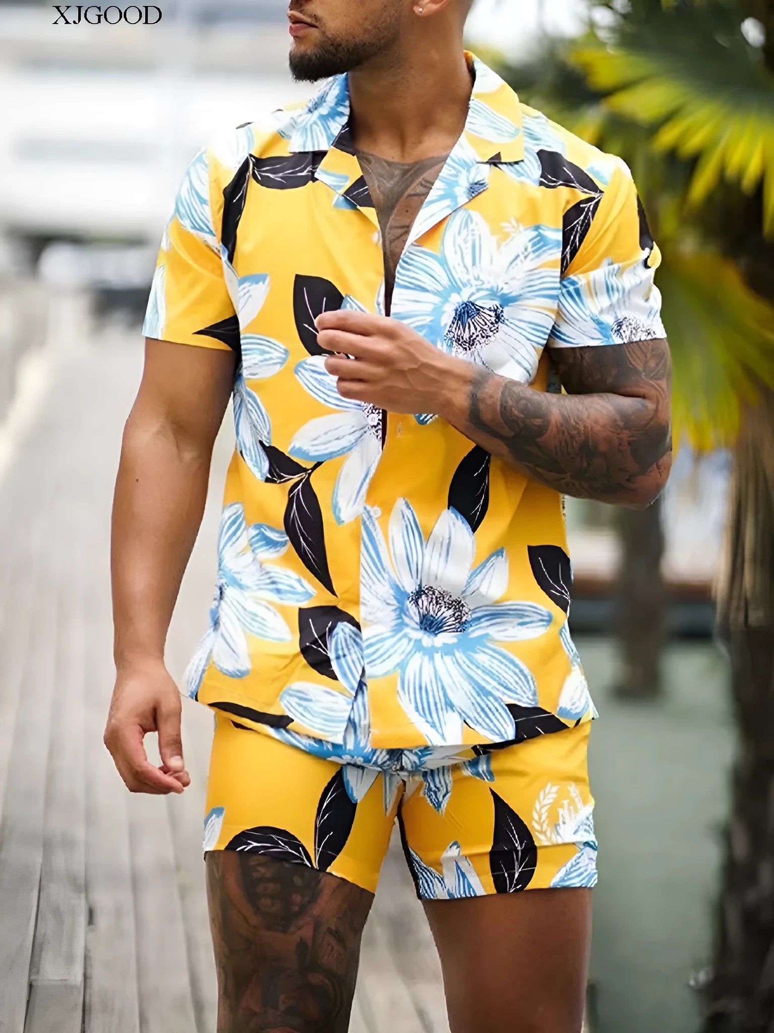 Men's Hawaiian floral two-piece set in polyester with tropical print, sizes S to 5XL