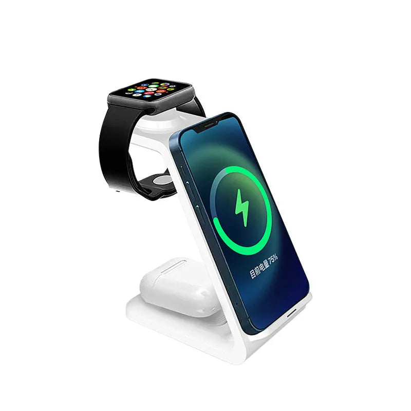 White upright wireless phone charger with dual coil design and phone in charging position
