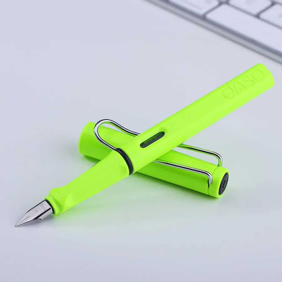 Ink sac pen with steel nib and plastic body, available in multiple colours including black blue green red yellow