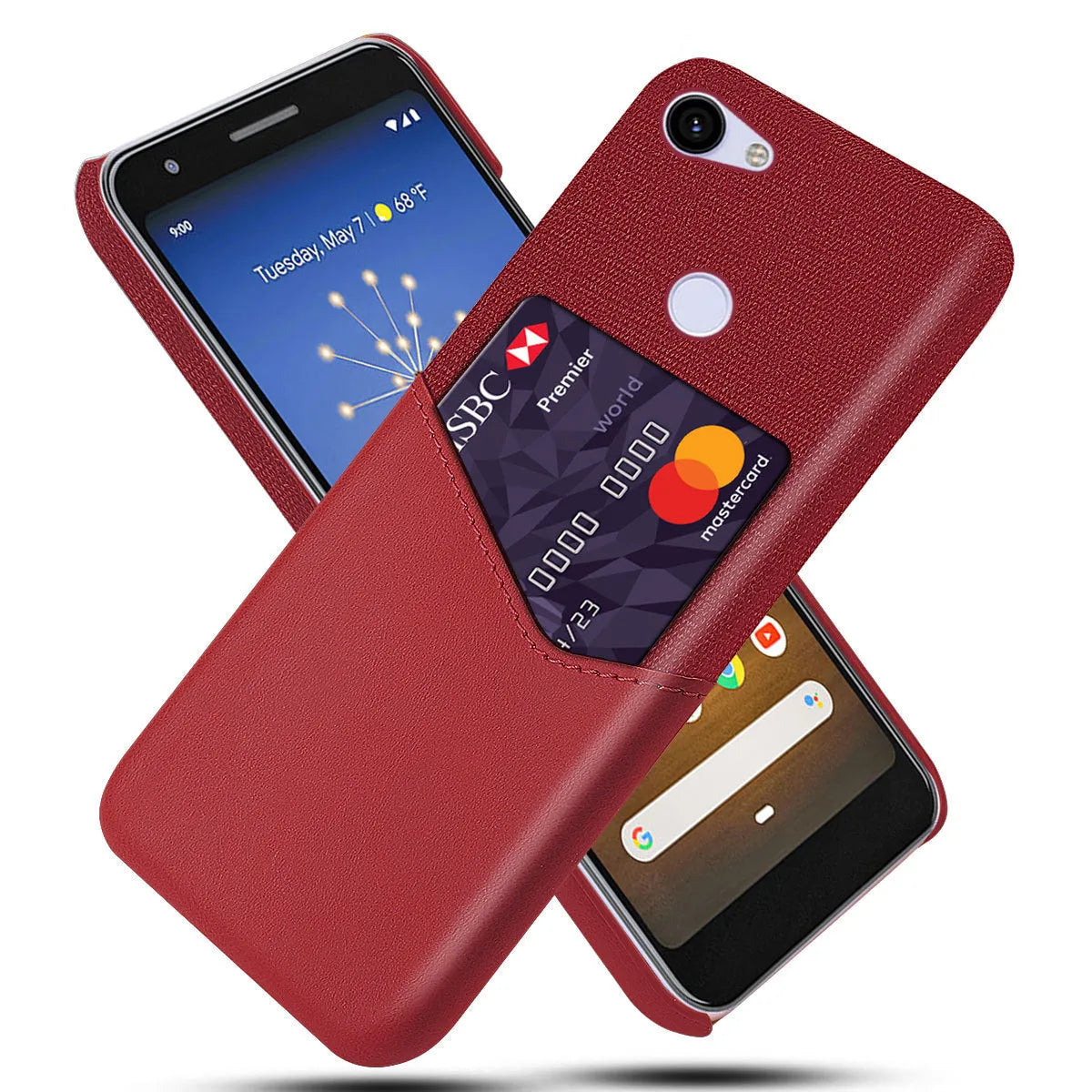 Genuine leather Google Pixel mobile phone case in solid colour on a wooden table.