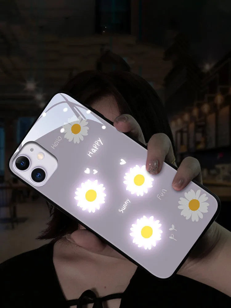 iPhone luminous phone case with painted daisy design and voice-activated colour light feature