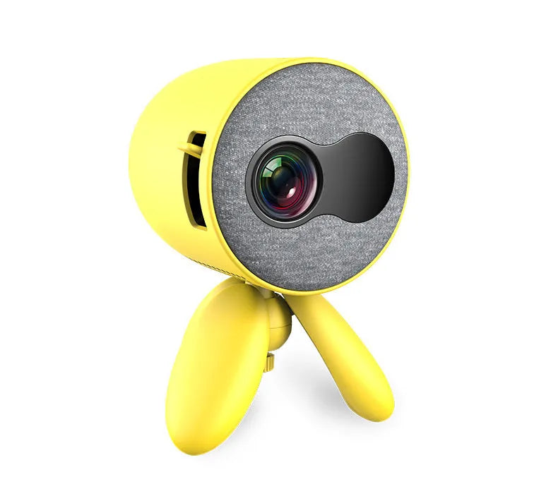YG220 white and yellow LED projector showing adjustable 24-80 inch screen size projection