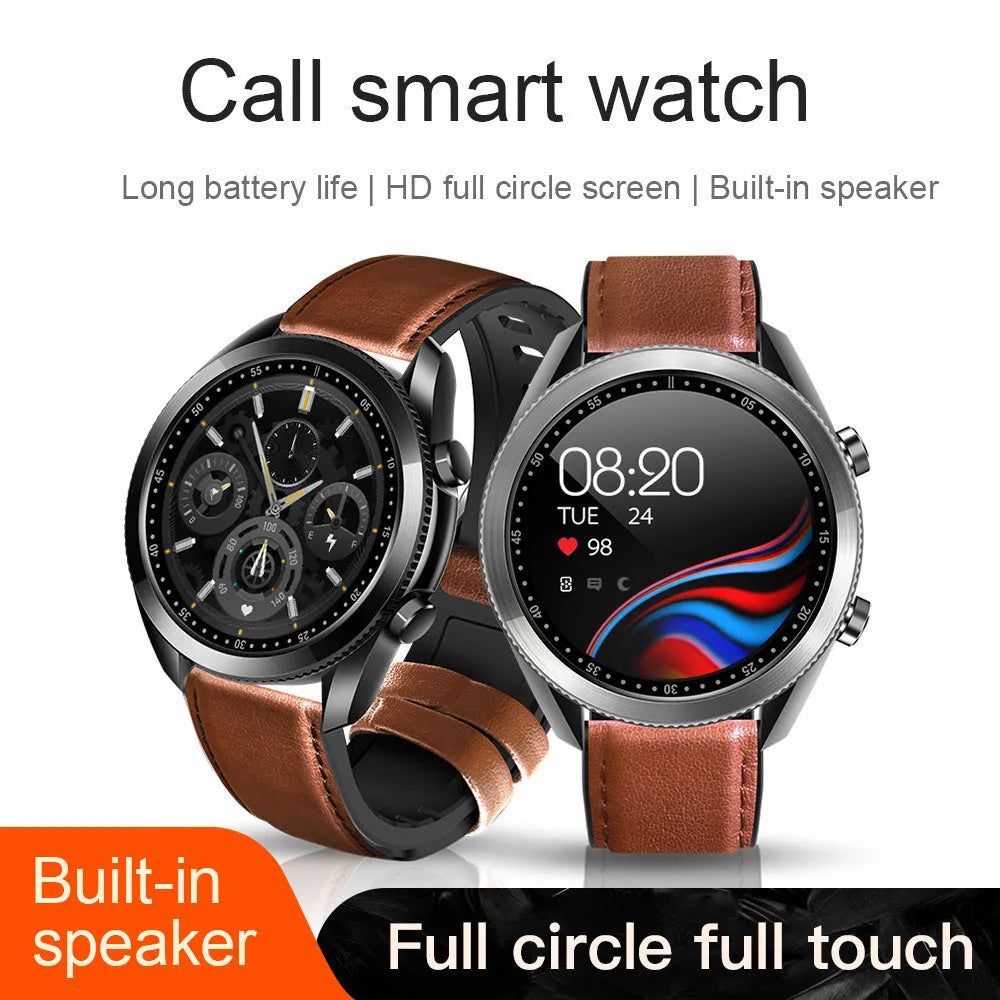 UM90 black smart watch with leather strap showing large screen displaying heart rate and fitness data.