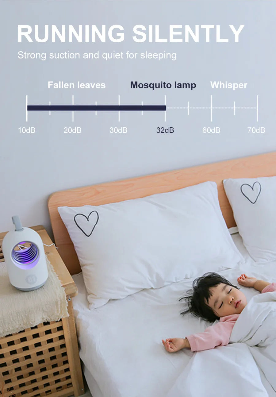 Blue and white indoor mosquito killer lamp with UV light, USB port, and silicone carry handle.