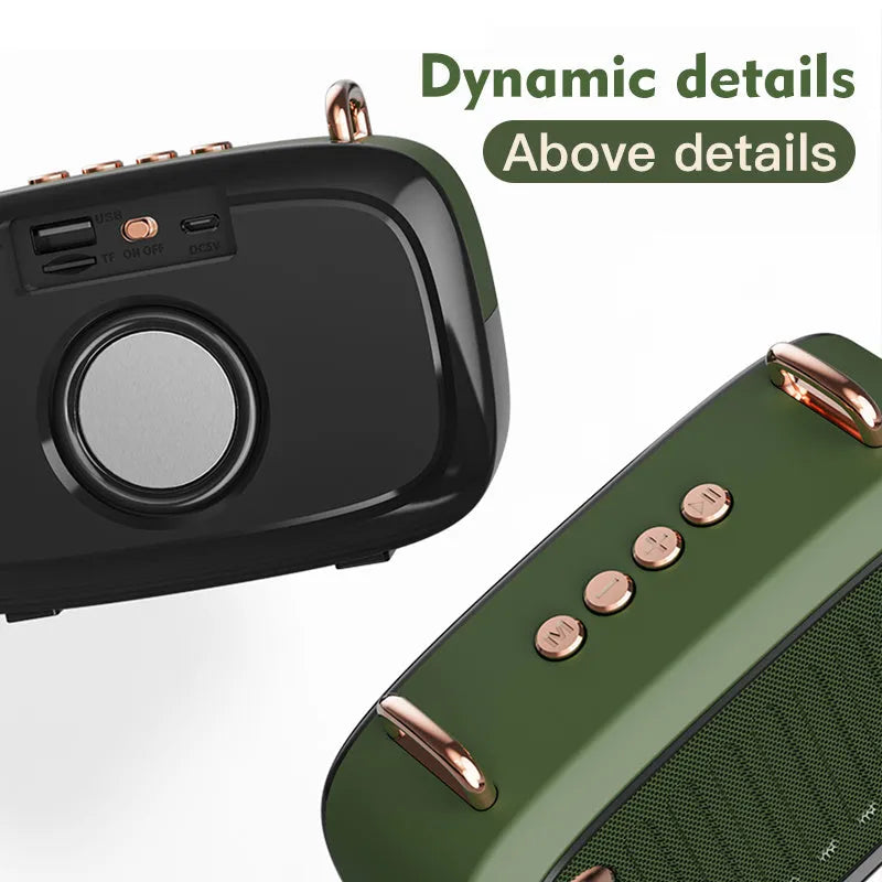 Compact portable Bluetooth mini speaker with USB port and control buttons, shown in black.