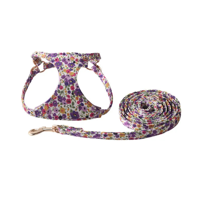 Cloth dog harness and leash set shown in an orange colour, with size options for small to medium dogs.