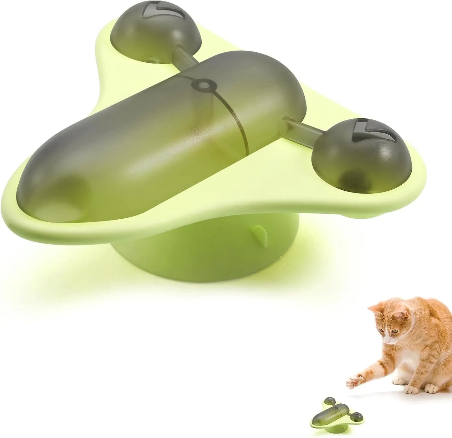 Blue interactive pet puzzle toy with airplane cabin, bell, and catnip compartment on a suction cup base.