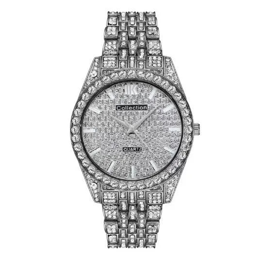 Fashion starry quartz watch with 40mm dial, spiral crown, and stainless steel buckle in black gold finish