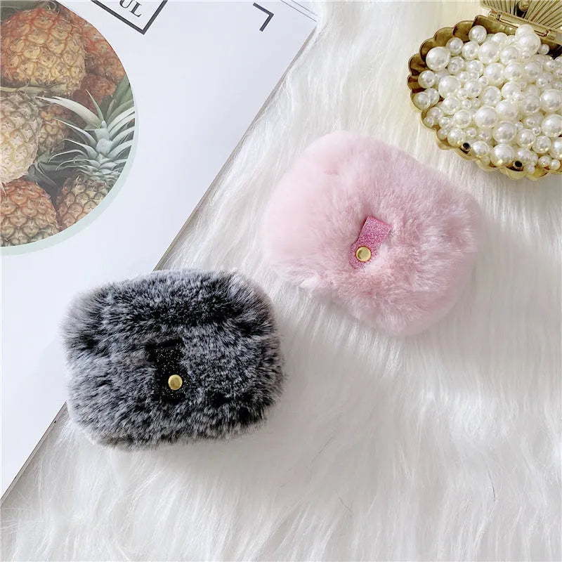 Pink plush flip-over earphone protector for Apple AirPods Generation 3 and Pro with simple cartoon style