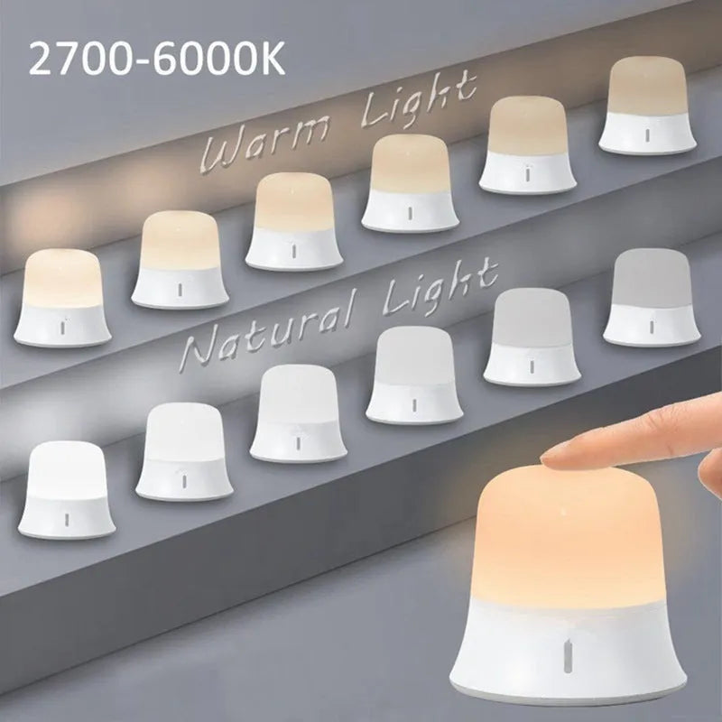 White touch-control bedside night light with motion sensor and rechargeable battery on a table.
