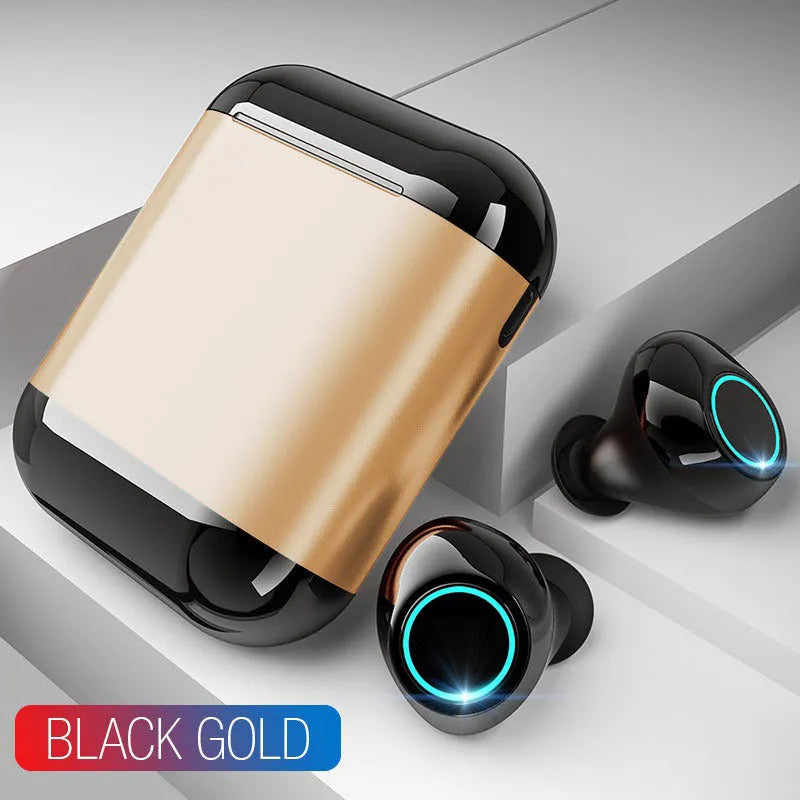 Bluetooth wireless earplugs in black, gold, or light grey colours with TWS design showing separate left and right earpieces