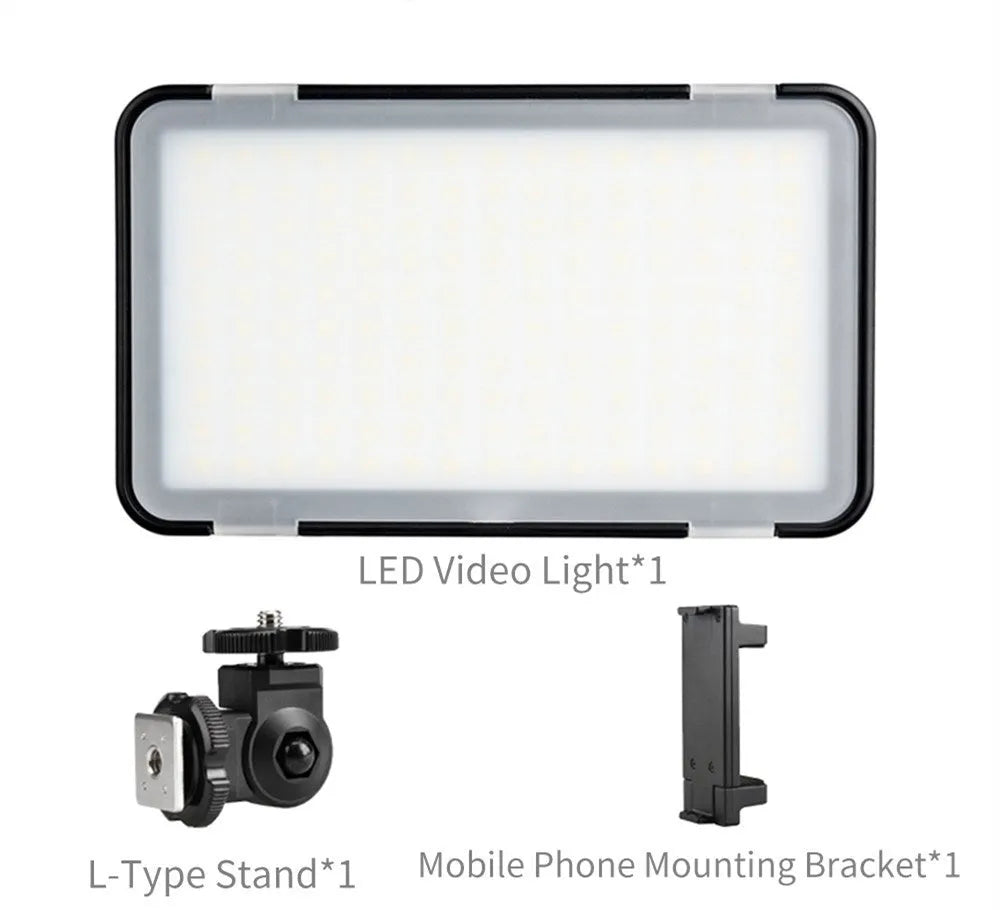 Shenniu M150 ultra-thin LED video light mounted on a mobile phone with L-bracket.