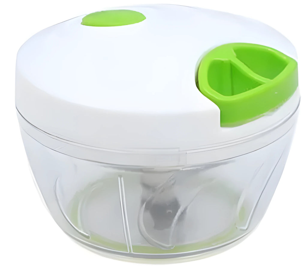 Green manual food chopper with lid open, showing three stainless steel blades inside a 500ml plastic container.