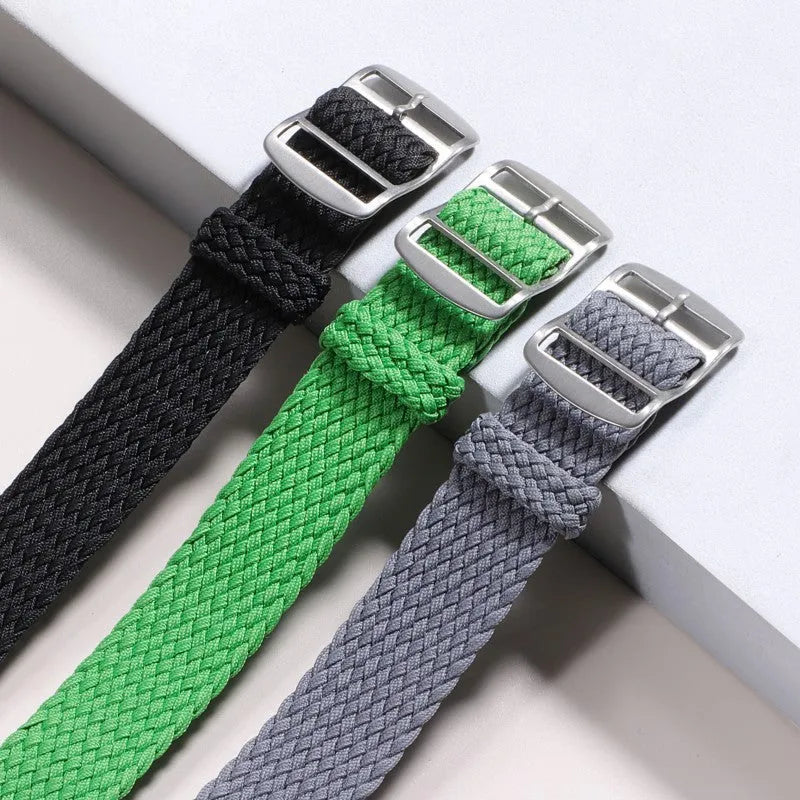 Woven nylon watchband in beige, 20mm width, with canvas-style finish on white background