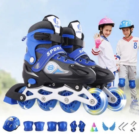 Children's inline skates with adjustable sizing, PVC wheels, and PU mesh upper in blue and white colourway