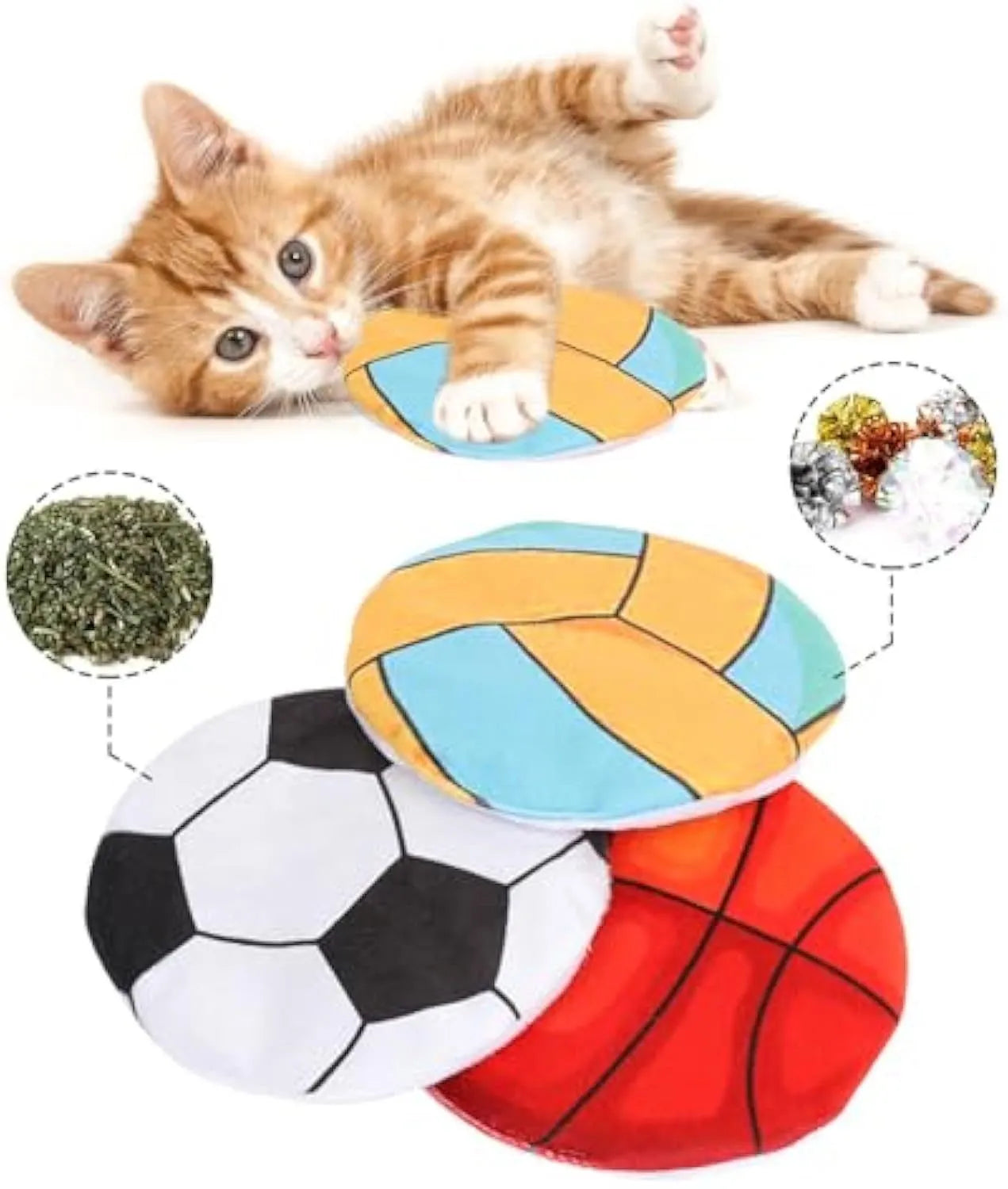 Soft plush cat flying disc toy with sports ball pattern, containing catnip and crinkle material.