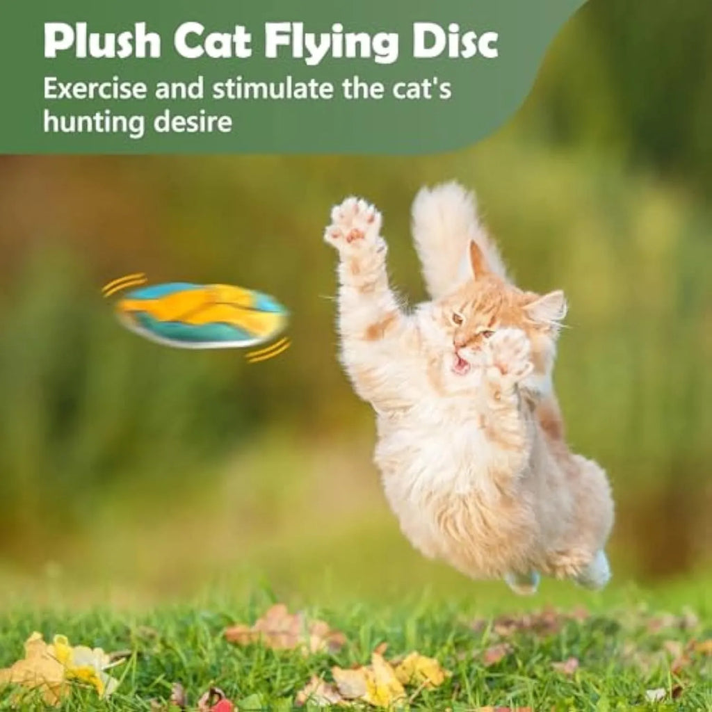 Soft plush cat flying disc toy with sports ball pattern, containing catnip and crinkle material.