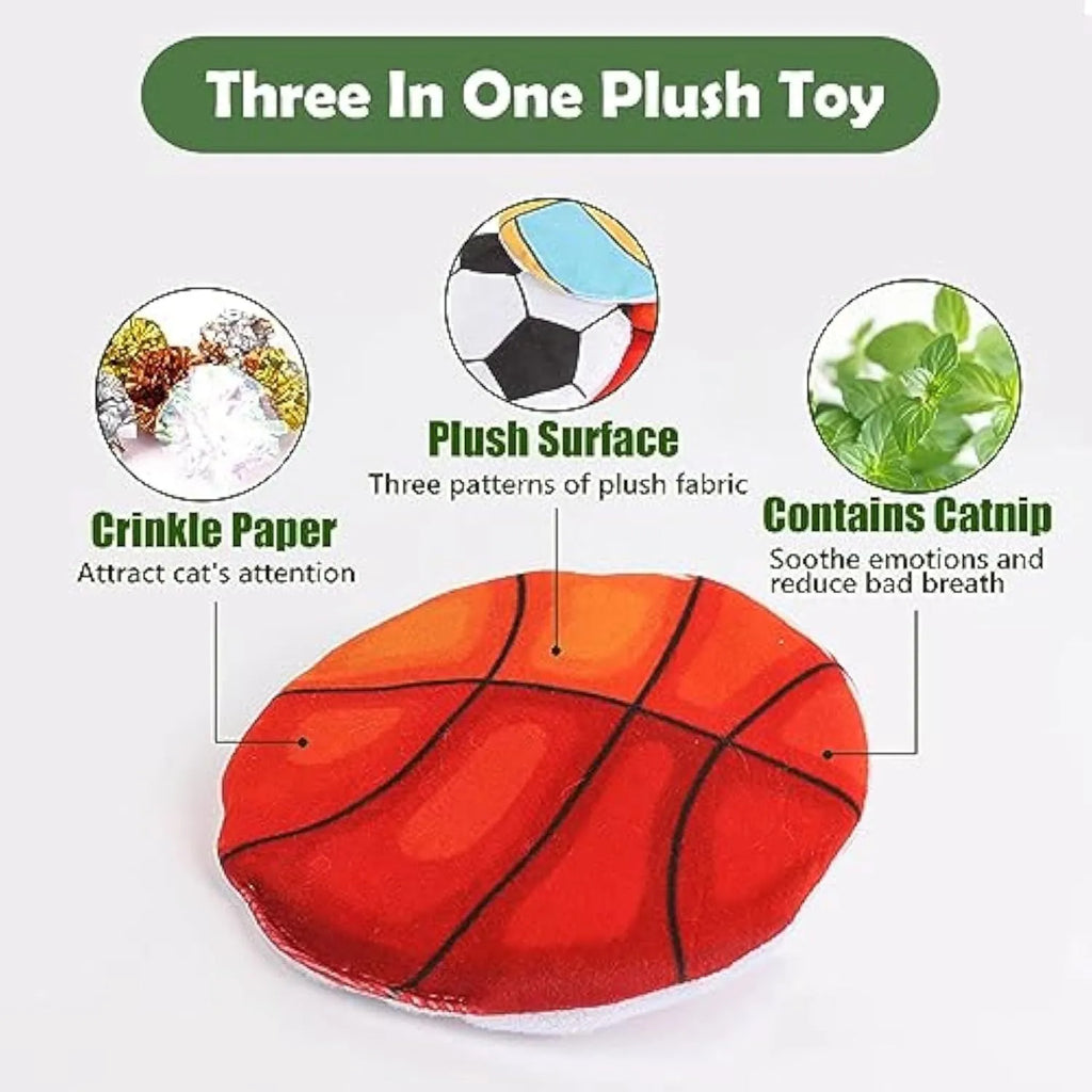 Soft plush cat flying disc toy with sports ball pattern, containing catnip and crinkle material.