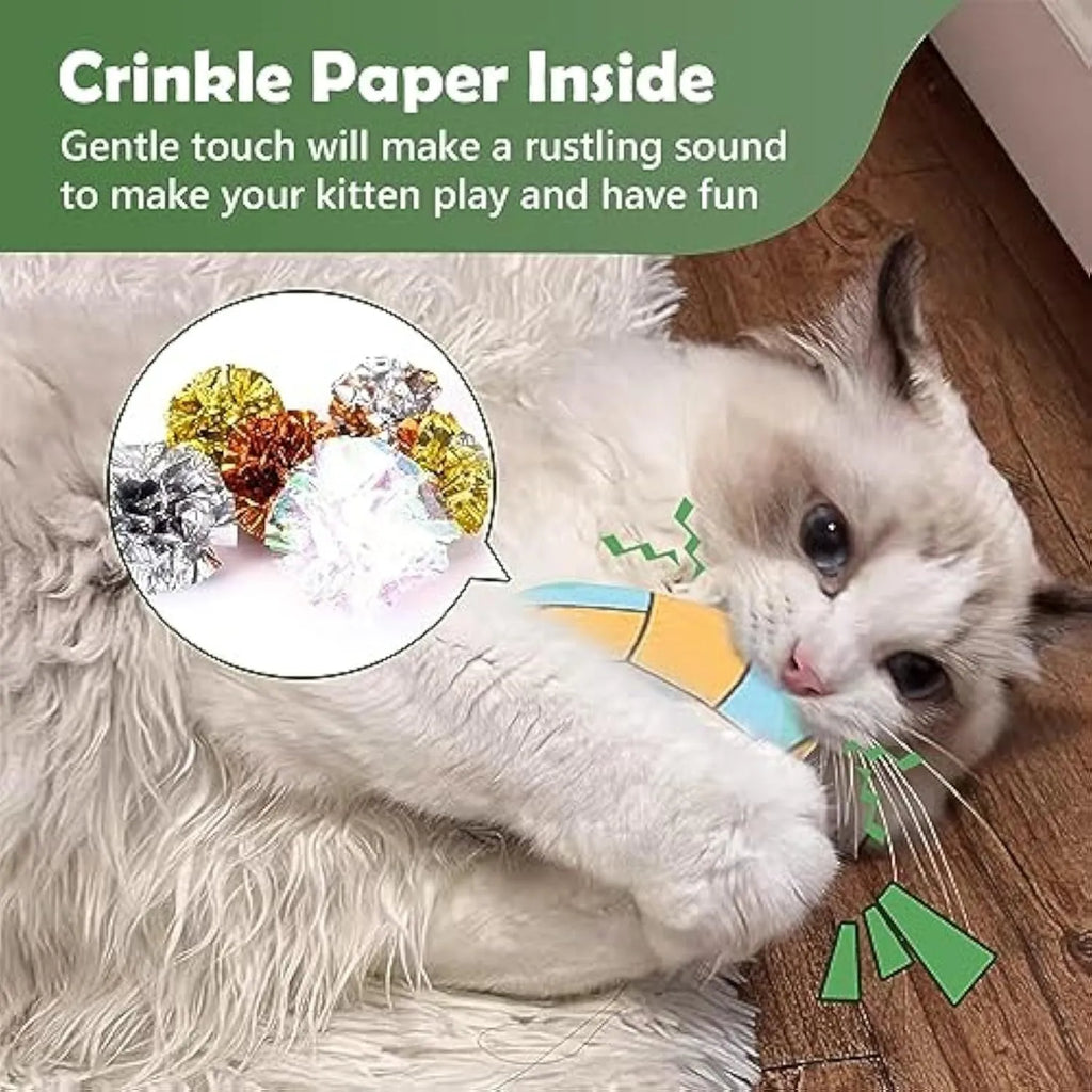 Soft plush cat flying disc toy with sports ball pattern, containing catnip and crinkle material.