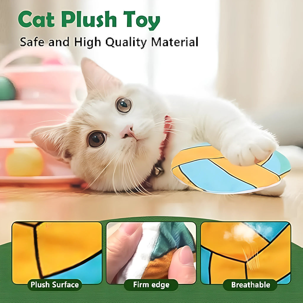Soft plush cat flying disc toy with sports ball pattern, containing catnip and crinkle material.