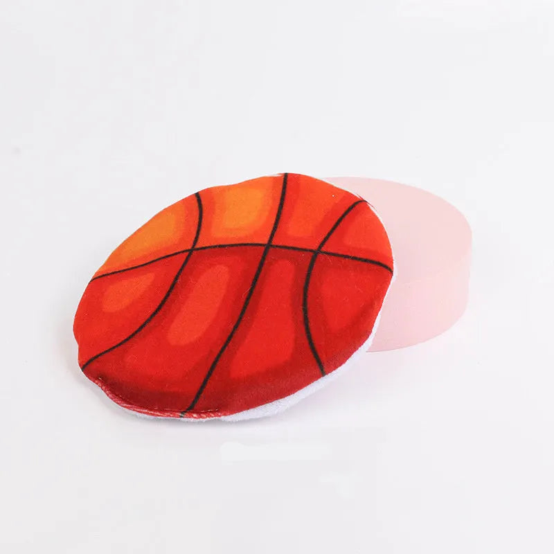 Soft plush cat flying disc toy with sports ball pattern, containing catnip and crinkle material.