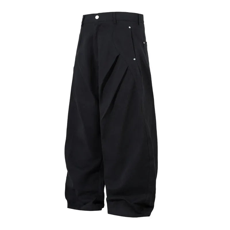 Men's black cotton pleated trousers with wide-leg loose-fitting casual design