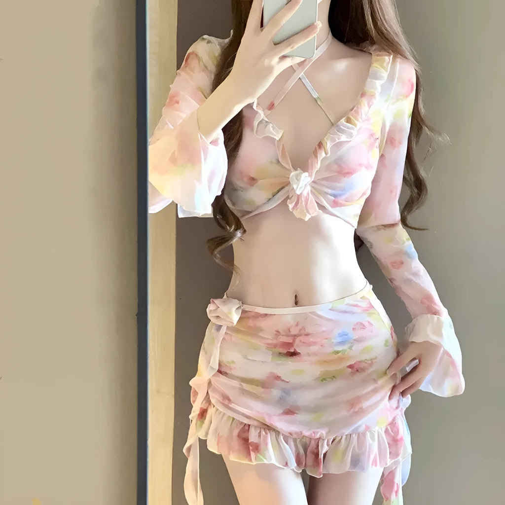 Women's cherry blossom pink floral swimsuit with high-leg design and Asian fit sizing