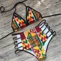 Women's digital print split bikini swimsuit with high-waist backless briefs in quick-drying fabric