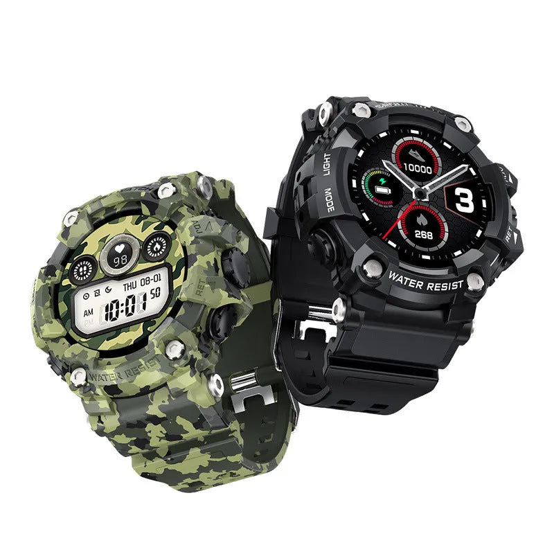 Black T6 tactical rugged smart watch with 1.3 inch screen on an anti-sweat double-clasp wrist strap.