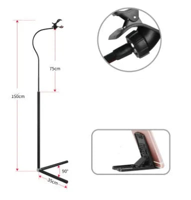 Black bedside mobile phone bracket with universal holder attached to bed frame for hands-free viewing
