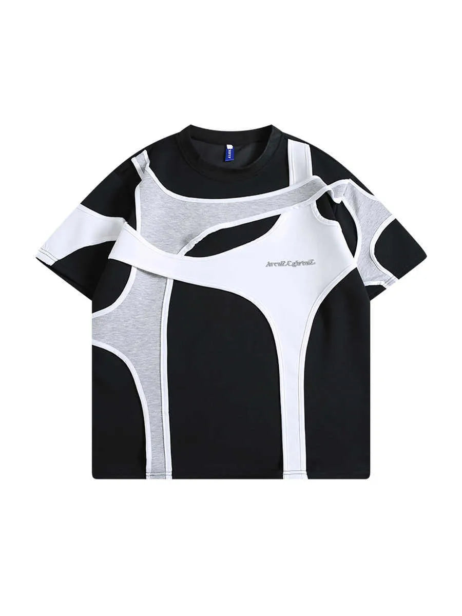 Man's black short sleeve T-shirt showing detail of double stitching and padded shoulder on a hanger.