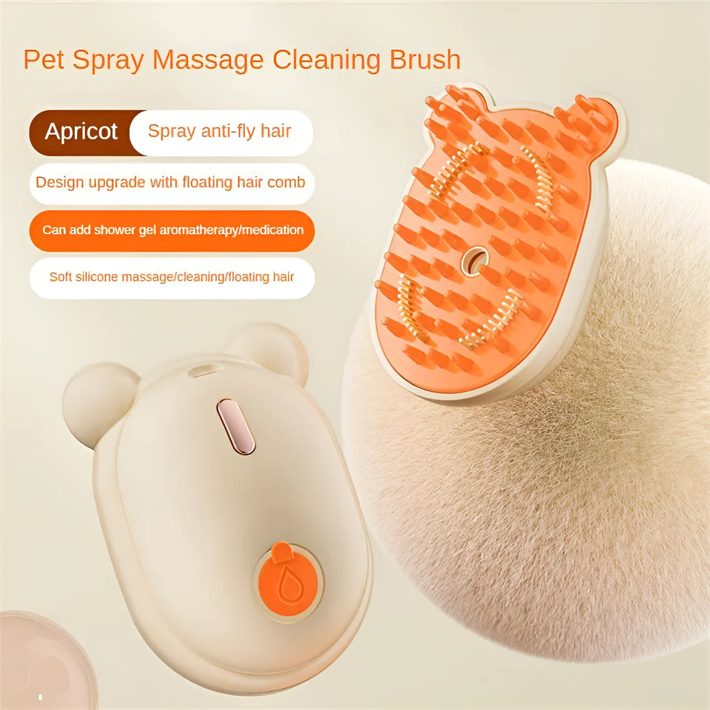 Pink and yellow rechargeable pet grooming brush with spray bottle attachment and removable silicone comb head