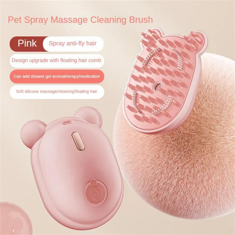 Pink and yellow rechargeable pet grooming brush with spray bottle attachment and removable silicone comb head