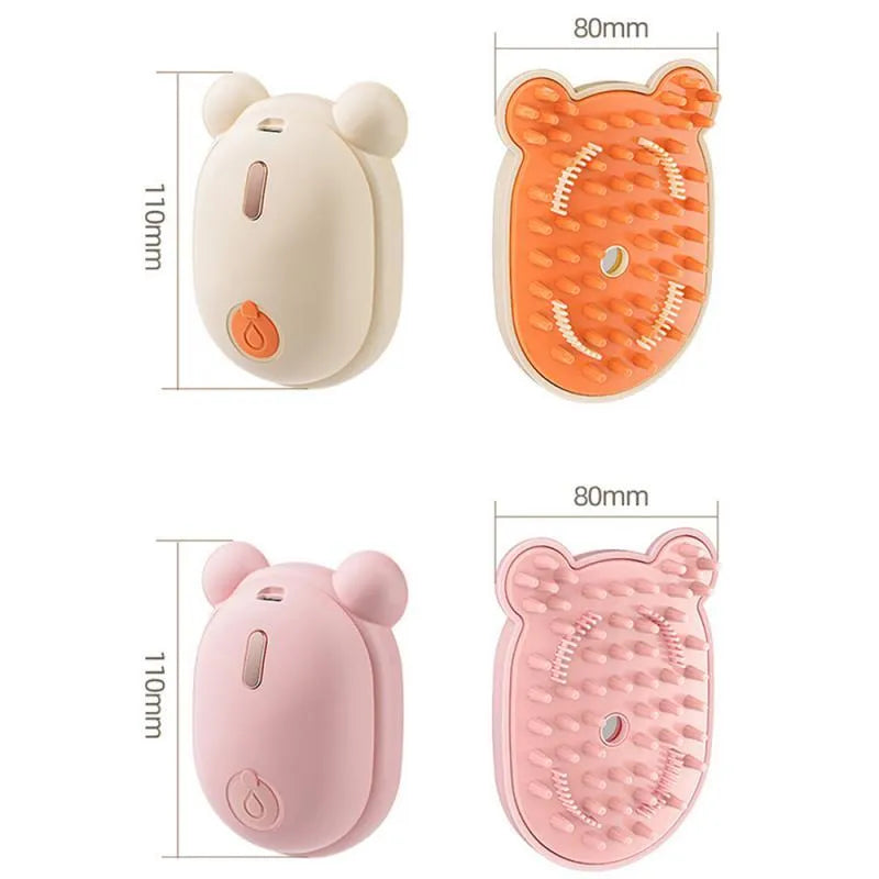 Pink and yellow rechargeable pet grooming brush with spray bottle attachment and removable silicone comb head
