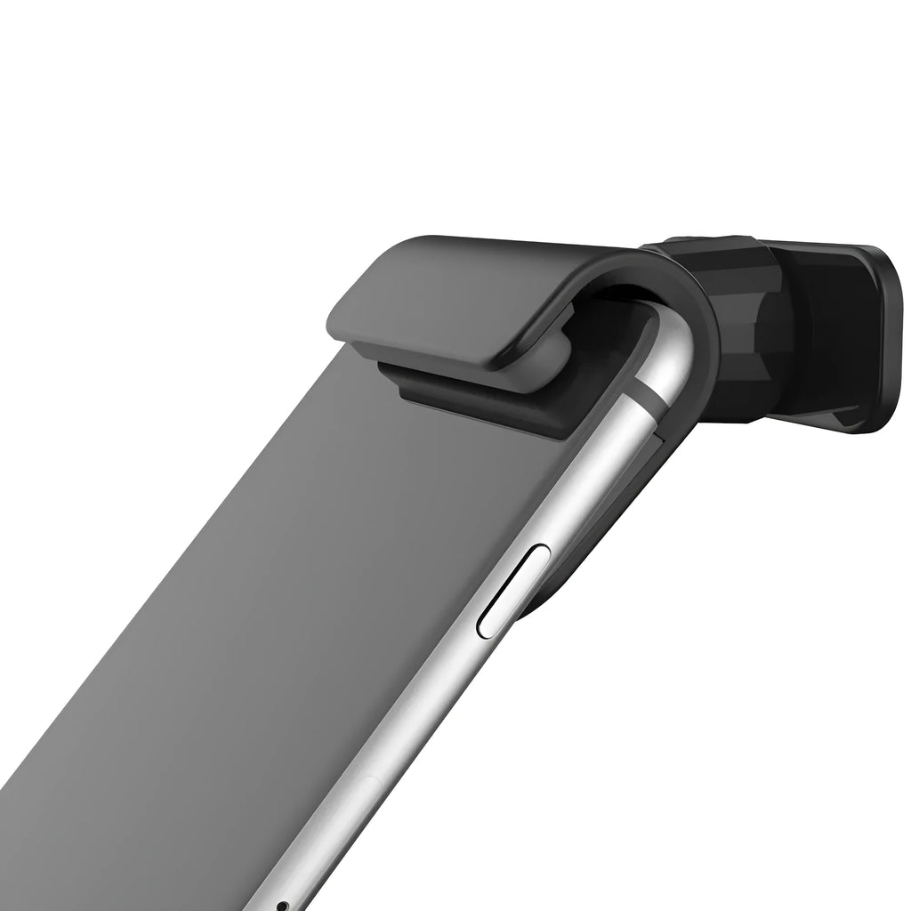 Black universal gravity car phone holder showing 360-degree rotation, mounted on a car air vent.