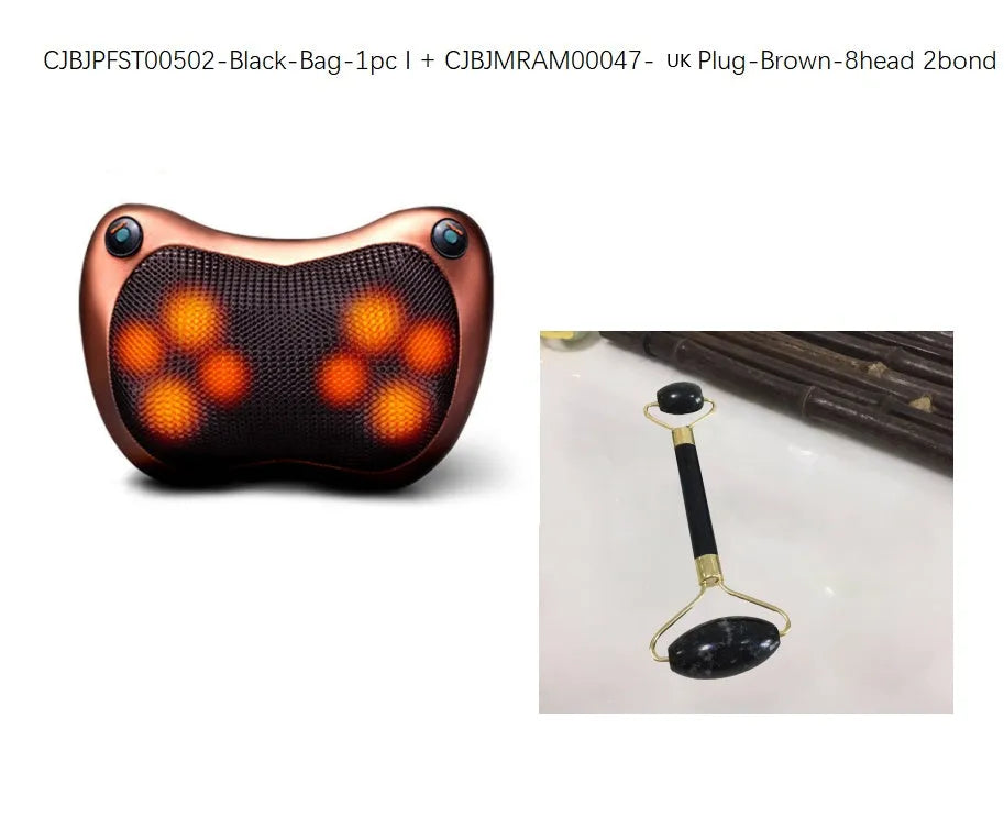 Electric infrared kneading massage pillow in black PU leather with control buttons and adjustable fixing strap for car seat use