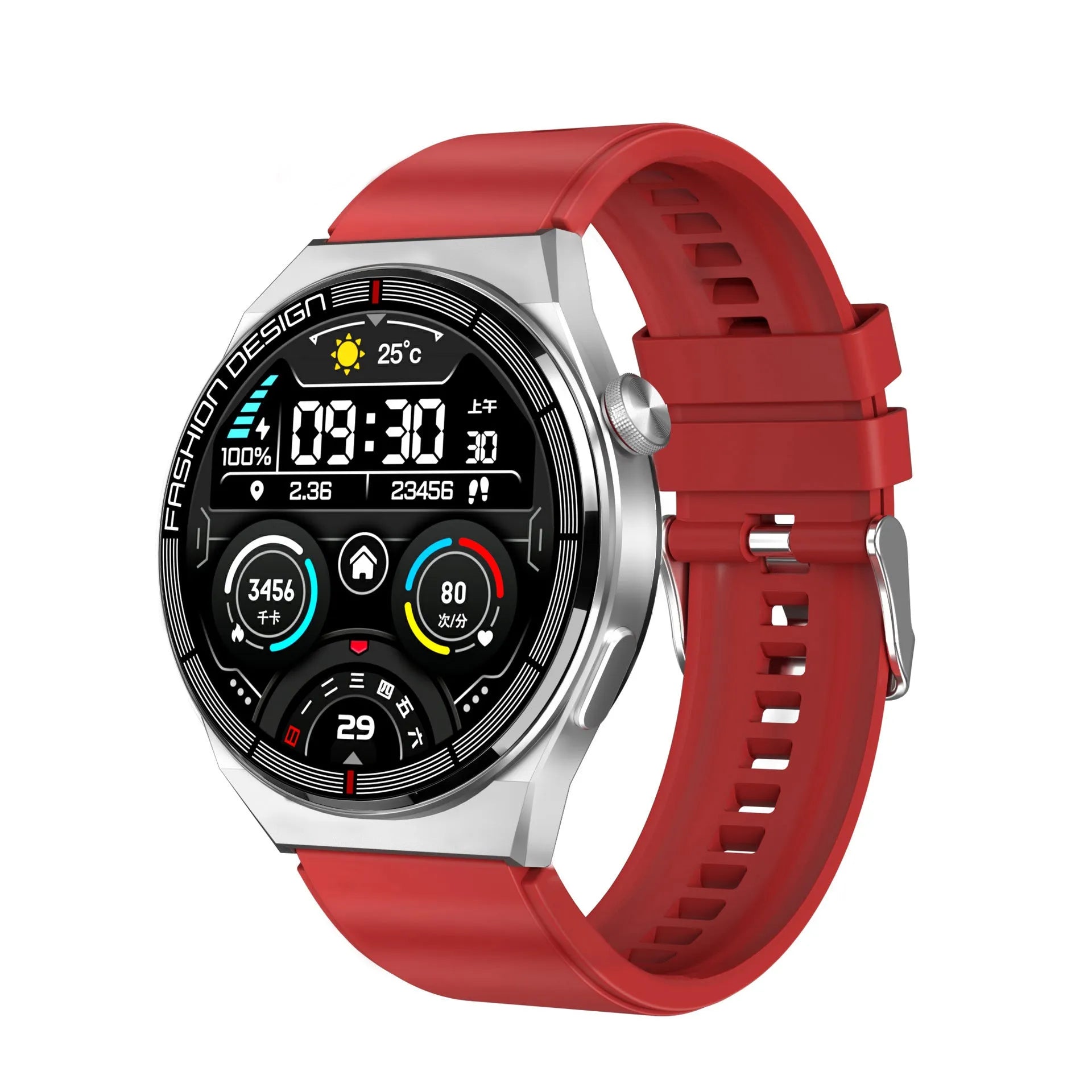 Smartwatch with black case and silicone strap showing Bluetooth calling and health monitoring features