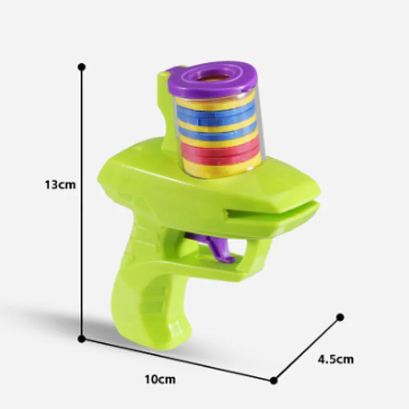 Battery-free motorised interactive cat toy launcher with soft foam discs in purple and green colour options.