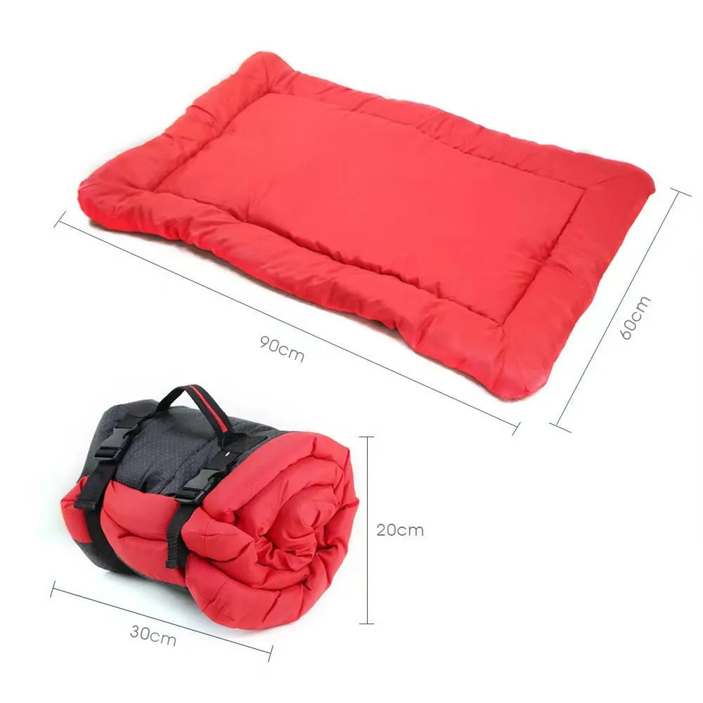 Blue foldable waterproof dog bed shown both unfolded and compactly folded with buckles.