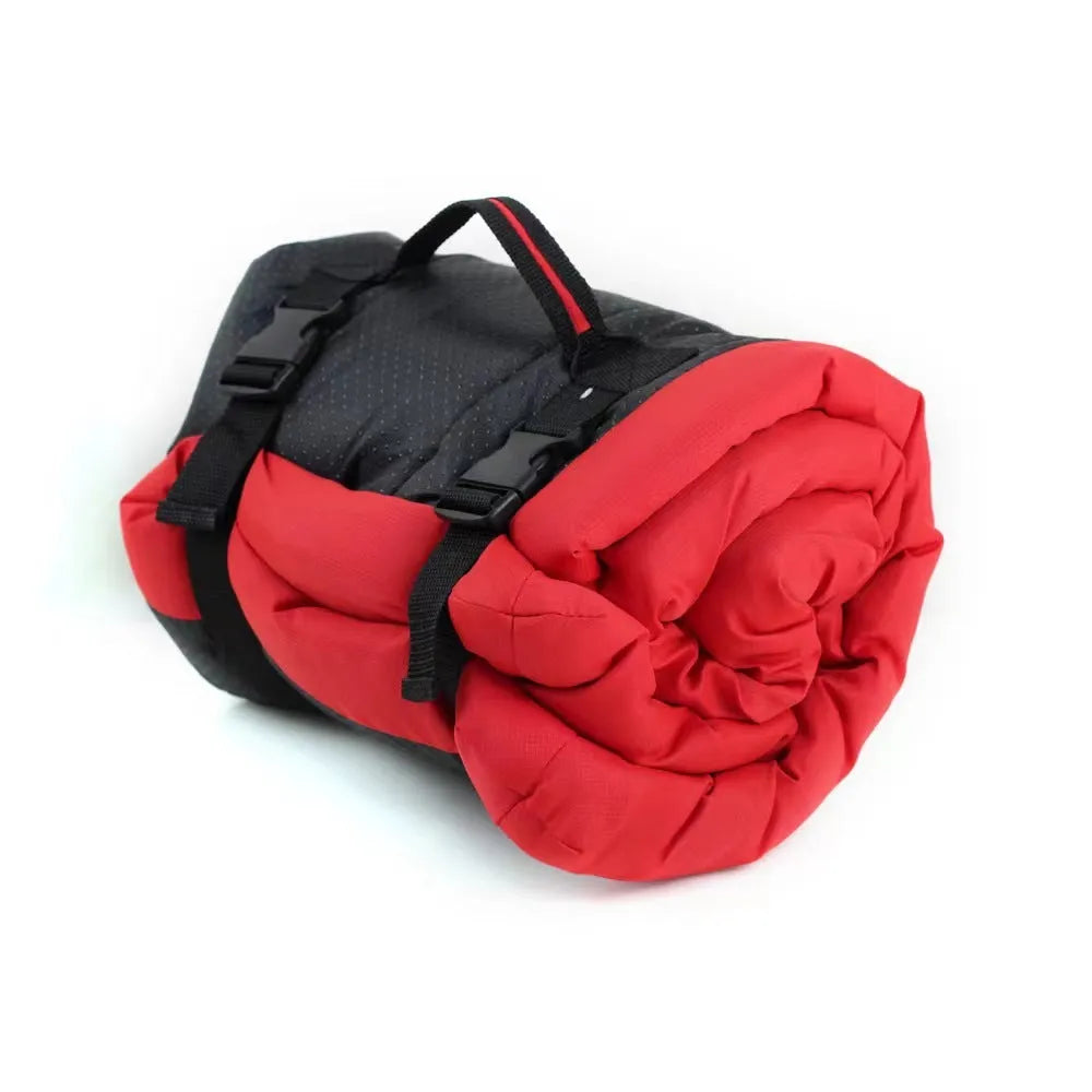 Blue foldable waterproof dog bed shown both unfolded and compactly folded with buckles.